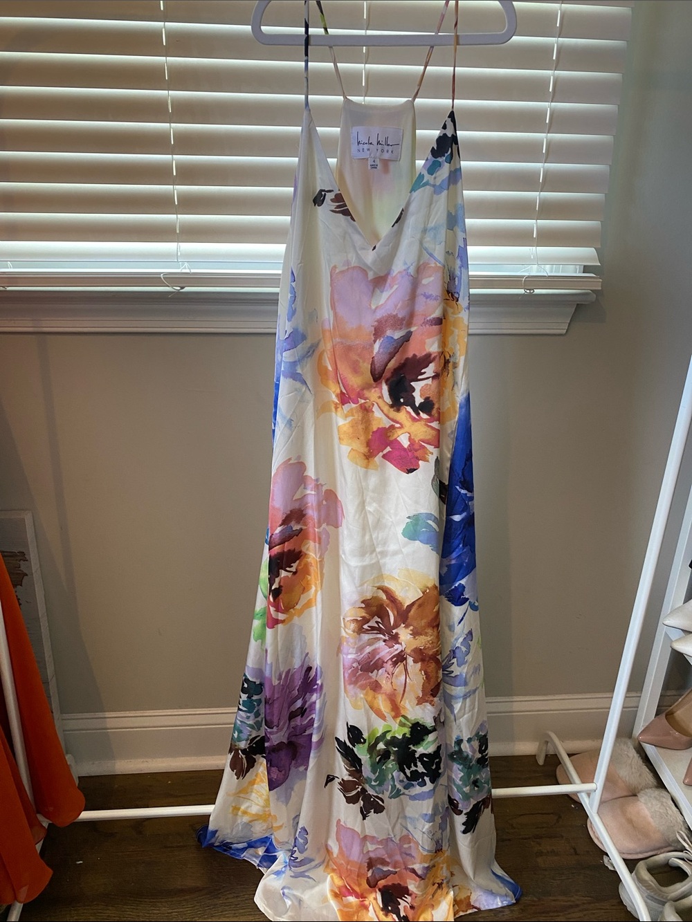 Nicole Miller fowl watercolor satin dress